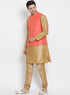 VASTRAMAY Men's Gold Cotton Silk Blend Kurta, Ethnic Jacket and Pyjama Set