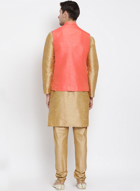 VASTRAMAY Men's Gold Cotton Silk Blend Kurta, Ethnic Jacket and Pyjama Set