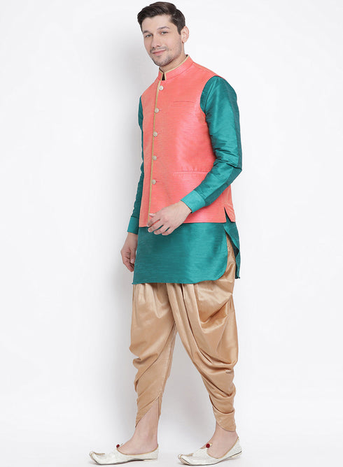 VASTRAMAY Men's Green Cotton Silk Blend Ethnic Jacket, Kurta and Dhoti Pant Set