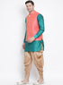 VASTRAMAY Men's Green Cotton Silk Blend Ethnic Jacket, Kurta and Dhoti Pant Set