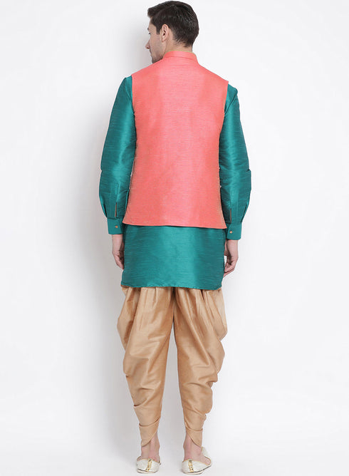 VASTRAMAY Men's Green Cotton Silk Blend Ethnic Jacket, Kurta and Dhoti Pant Set