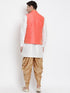 Vastramay Men's White Cotton Silk Blend Ethnic Jacket, Kurta and Dhoti Pant Set