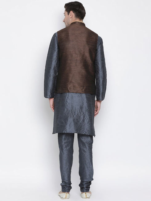 VASTRAMAY Men's Grey Cotton Silk Blend Kurta, Ethnic Jacket and Pyjama Set
