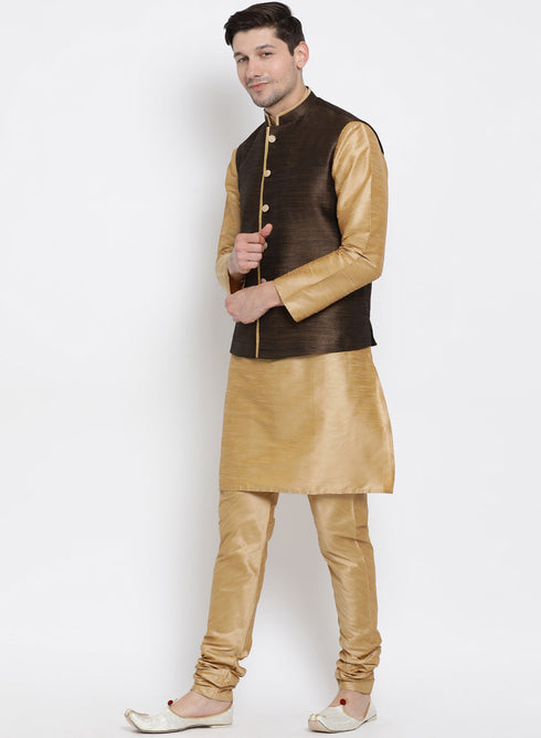 VASTRAMAY Men's Gold Cotton Silk Blend Kurta, Ethnic Jacket and Pyjama Set