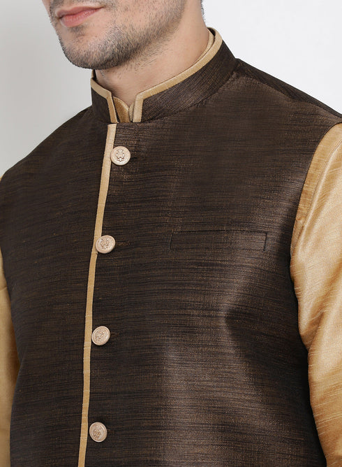 VASTRAMAY Men's Gold Cotton Silk Blend Kurta, Ethnic Jacket and Pyjama Set