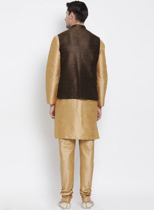 VASTRAMAY Men's Gold Cotton Silk Blend Kurta, Ethnic Jacket and Pyjama Set