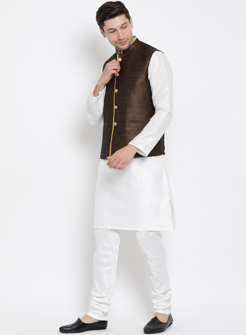 Vastramay Men's White Cotton Silk Blend Kurta, Ethnic Jacket and Pyjama Set