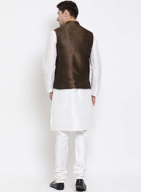 Vastramay Men's White Cotton Silk Blend Kurta, Ethnic Jacket and Pyjama Set