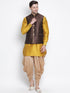 Vastramay Men's Yellow Cotton Silk Blend Ethnic Jacket, Kurta and Dhoti Pant Set