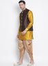 Vastramay Men's Yellow Cotton Silk Blend Ethnic Jacket, Kurta and Dhoti Pant Set
