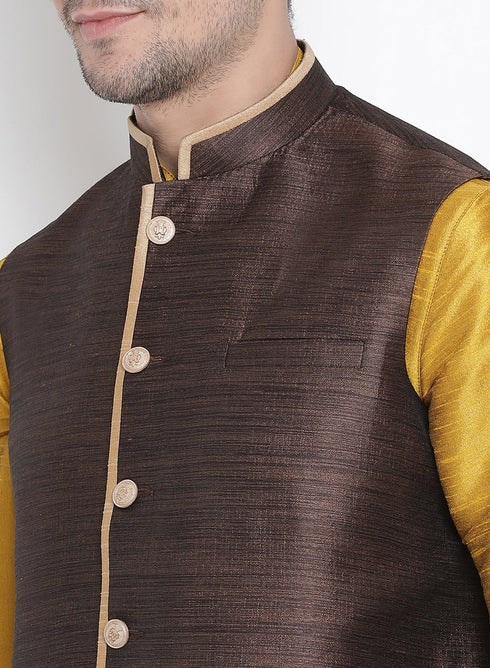 Vastramay Men's Yellow Cotton Silk Blend Ethnic Jacket, Kurta and Dhoti Pant Set