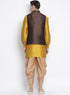 Vastramay Men's Yellow Cotton Silk Blend Ethnic Jacket, Kurta and Dhoti Pant Set