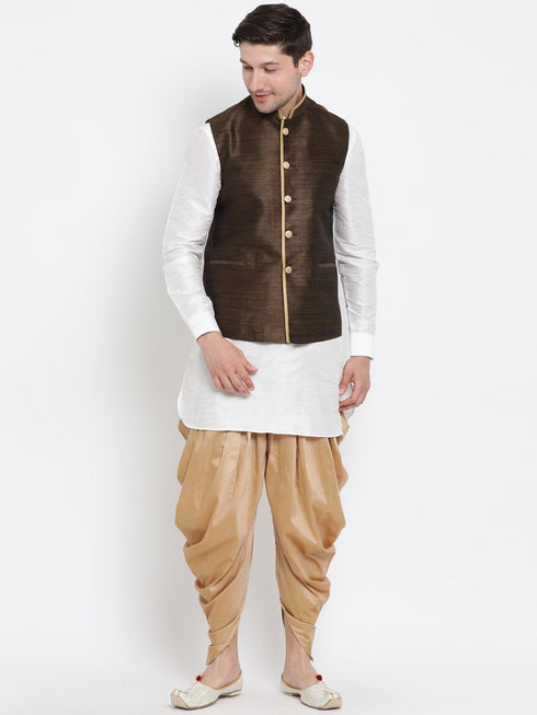 Vastramay Men's White Cotton Silk Blend Ethnic Jacket, Kurta and Dhoti Pant Set