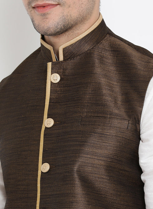 Vastramay Men's White Cotton Silk Blend Ethnic Jacket, Kurta and Dhoti Pant Set