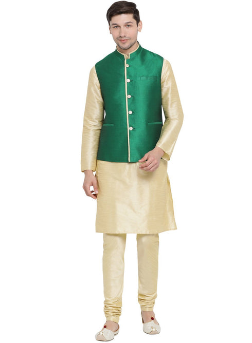 VASTRAMAY Men's Gold Cotton Silk Blend Kurta, Ethnic Jacket and Pyjama Set