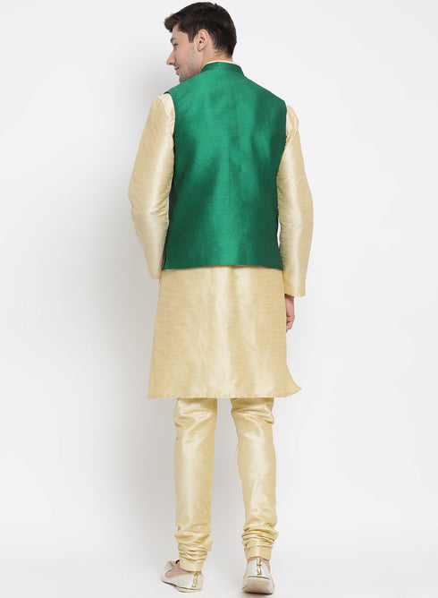 VASTRAMAY Men's Gold Cotton Silk Blend Kurta, Ethnic Jacket and Pyjama Set