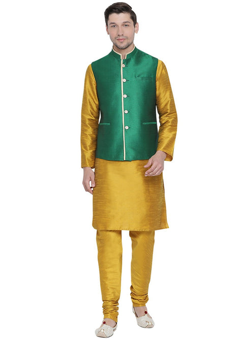 Vastramay Men's Yellow Cotton Silk Blend Kurta, Ethnic Jacket and Pyjama Set