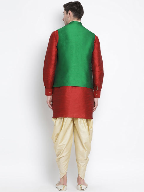 VASTRAMAY Men's Maroon Cotton Silk Blend Ethnic Jacket, Kurta and Dhoti Pant Set