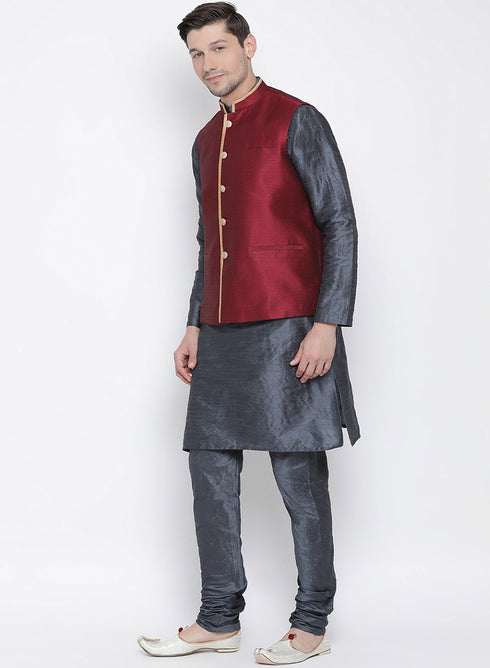 VASTRAMAY Men's Grey Cotton Silk Blend Kurta, Ethnic Jacket and Pyjama Set