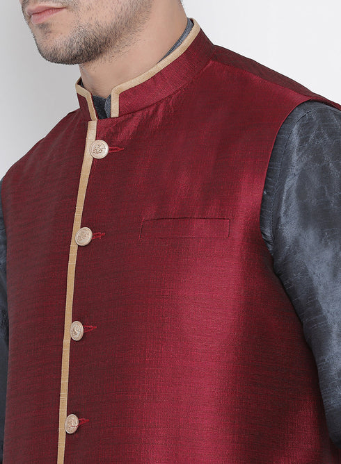 VASTRAMAY Men's Grey Cotton Silk Blend Kurta, Ethnic Jacket and Pyjama Set