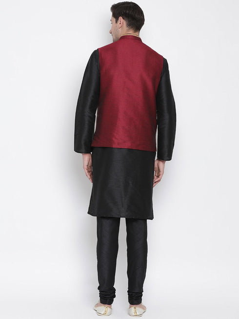 VASTRAMAY Men's Black Cotton Silk Blend Kurta, Ethnic Jacket and Pyjama Set