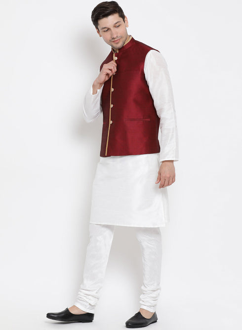 Vastramay Men's White Cotton Silk Blend Kurta, Ethnic Jacket and Pyjama Set