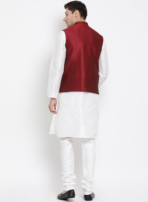 Vastramay Men's White Cotton Silk Blend Kurta, Ethnic Jacket and Pyjama Set