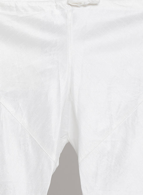 Vastramay Men's White Cotton Silk Blend Kurta, Ethnic Jacket and Pyjama Set