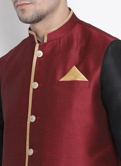 VASTRAMAY Men's Black Cotton Silk Blend Ethnic Jacket, Kurta and Dhoti Pant Set