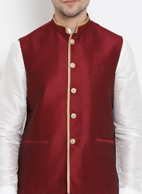 Vastramay Men's White Cotton Silk Blend Ethnic Jacket, Kurta and Dhoti Pant Set