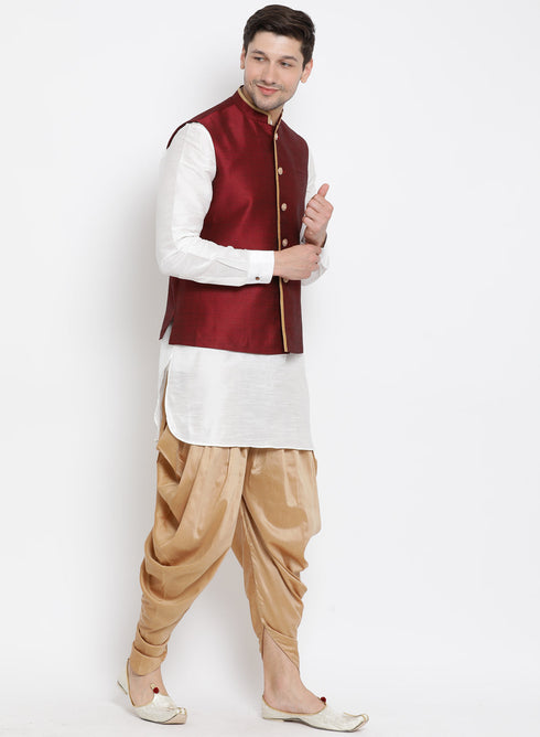 Vastramay Men's White Cotton Silk Blend Ethnic Jacket, Kurta and Dhoti Pant Set