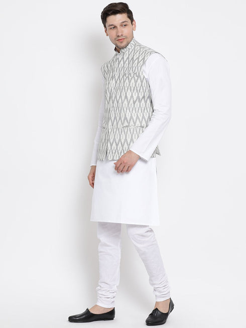 Vastramay Men's White Cotton Blend Kurta, Ethnic Jacket and Pyjama Set