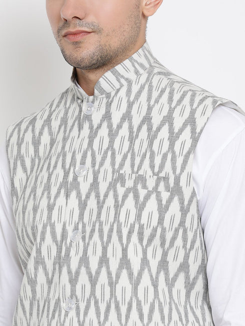 Vastramay Men's White Cotton Blend Kurta, Ethnic Jacket and Pyjama Set