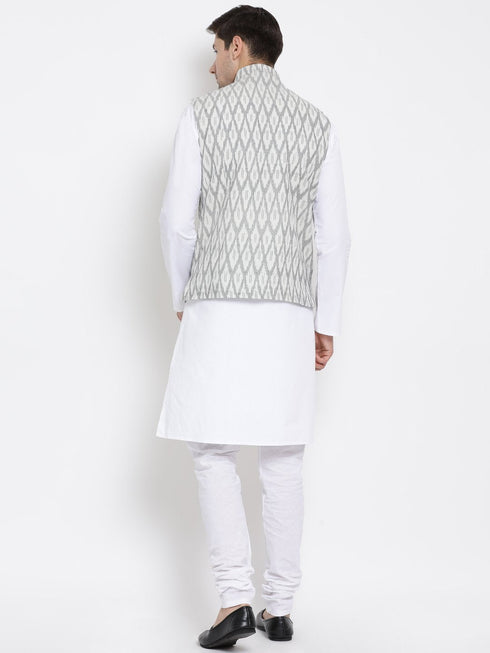 Vastramay Men's White Cotton Blend Kurta, Ethnic Jacket and Pyjama Set