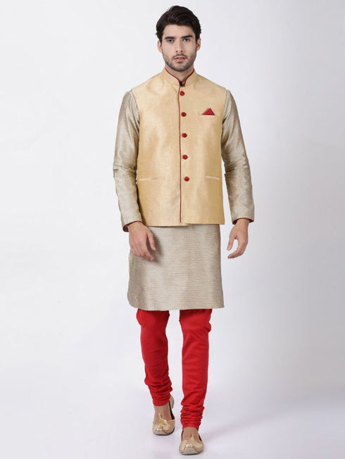 VASTRAMAY Men's Beige Cotton Silk Blend Ethnic Jacket