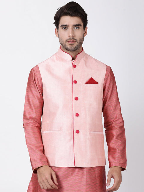 VASTRAMAY Men's Pink Cotton Silk Blend Ethnic Jacket