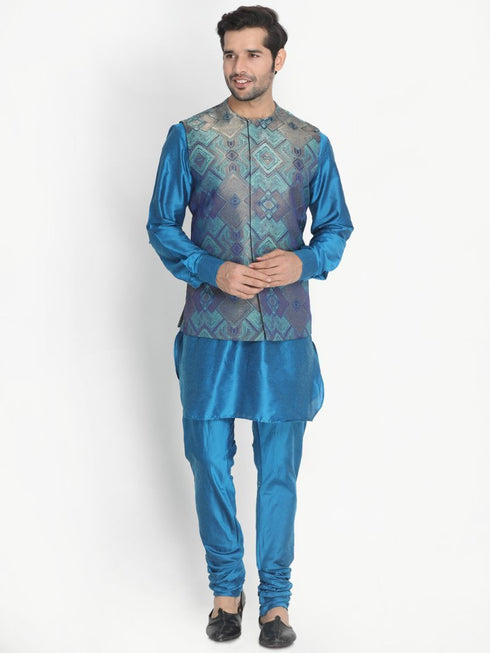 VASTRAMAY Men's Green Silk Blend Ethnic Jacket