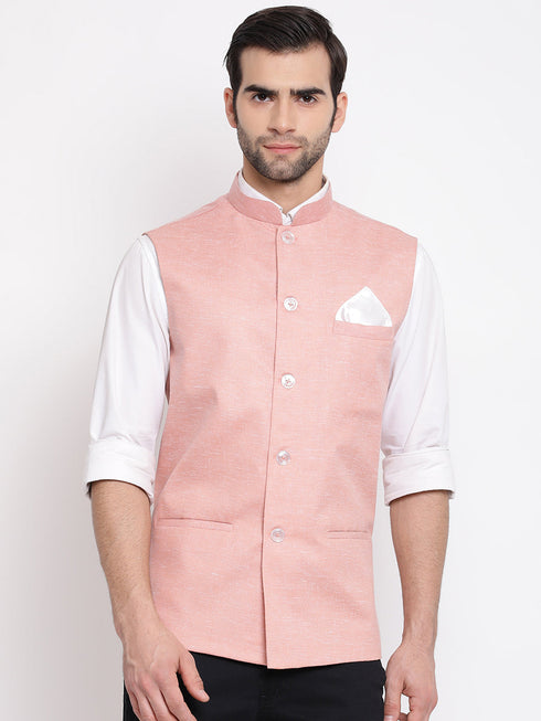 Vastramay Men's Peach Solid Classic Royal Cotton Blend Nehru Jacket