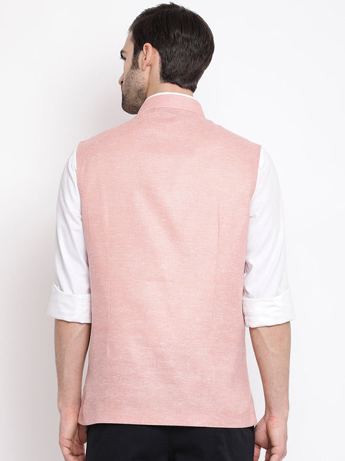 Vastramay Men's Peach Solid Classic Royal Cotton Blend Nehru Jacket