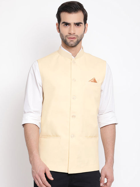 Vastramay Men's Cream Solid Classic Royal Cotton Blend Nehru Jacket