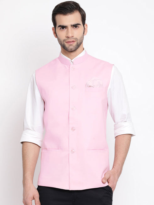 Vastramay Men's Pink Solid Classic Royal Cotton Blend Nehru Jacket