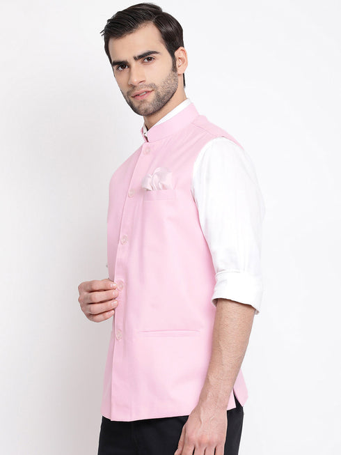 Vastramay Men's Pink Solid Classic Royal Cotton Blend Nehru Jacket