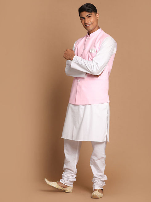 Vastramay Men's White Cotton Kurta, Solid Royal Nehru Jacket and Pyjama Set