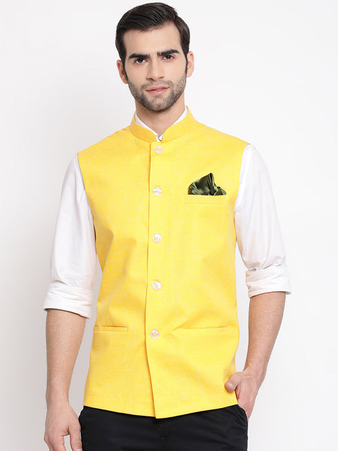 Vastramay Men's Yellow Solid Classic Royal Cotton Blend Nehru Jacket