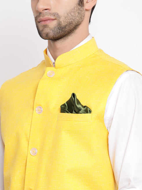 Vastramay Men's Yellow Solid Classic Royal Cotton Blend Nehru Jacket