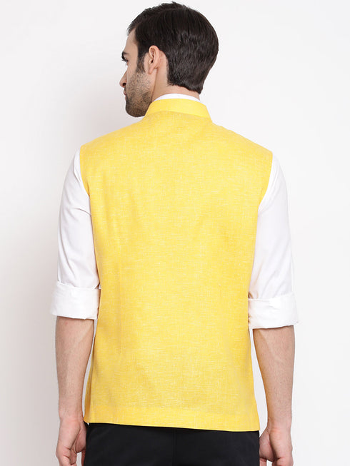 Vastramay Men's Yellow Solid Classic Royal Cotton Blend Nehru Jacket