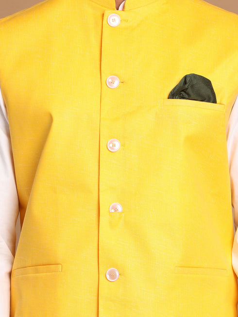 Vastramay Men's White Cotton Kurta, Solid Royal Nehru Jacket and Pyjama Set