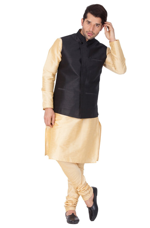 VASTRAMAY Men's Gold Cotton Silk Blend Kurta, Ethnic Jacket and Pyjama Set