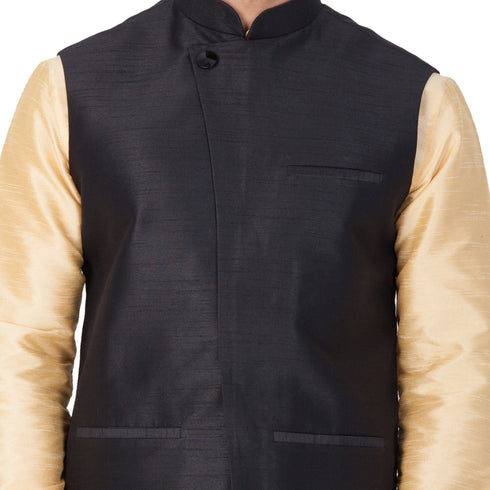 VASTRAMAY Men's Gold Cotton Silk Blend Kurta, Ethnic Jacket and Pyjama Set