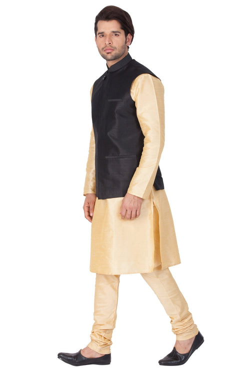 VASTRAMAY Men's Gold Cotton Silk Blend Kurta, Ethnic Jacket and Pyjama Set